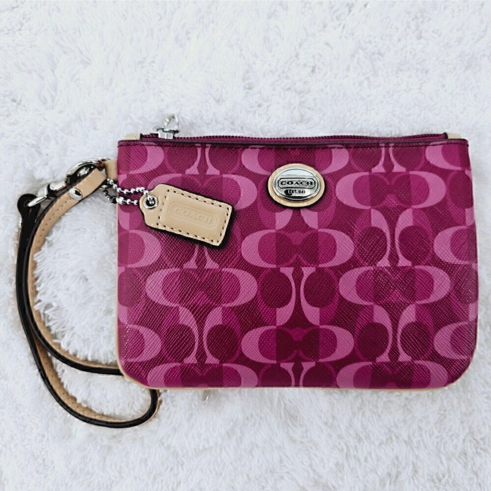 COACH Fushia Signature Logo Canvas and Leather Top Zip Wristlet Wallet Organizer